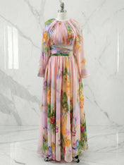 Pink Floral A Line Ruched Chiffon Crew Neck Long Sleeve Puff Sleeve Maxi Dress