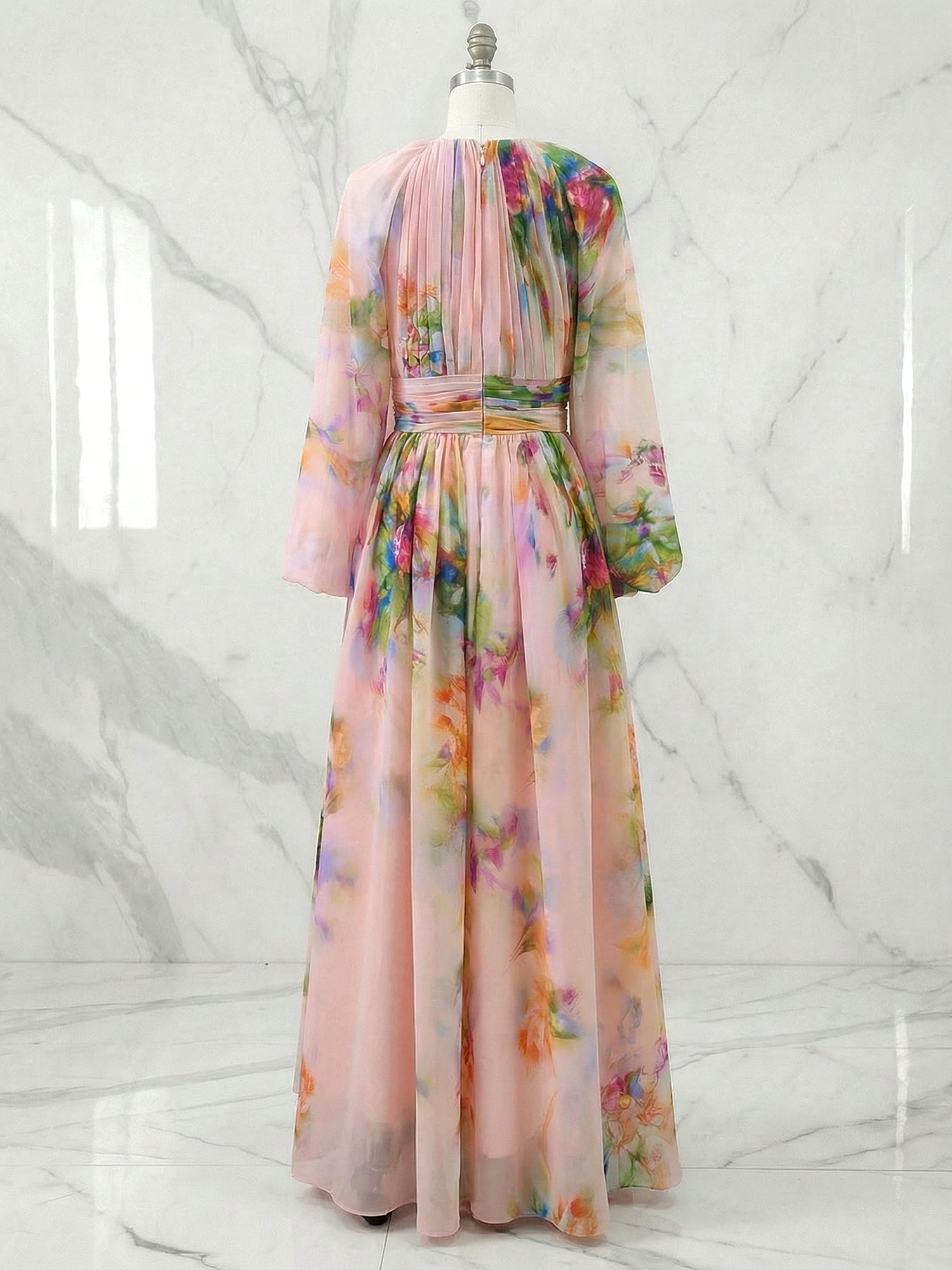 Pink Floral A Line Ruched Chiffon Crew Neck Long Sleeve Puff Sleeve Maxi Dress