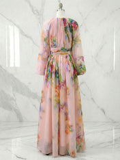 Pink Floral A Line Ruched Chiffon Crew Neck Long Sleeve Puff Sleeve Maxi Dress
