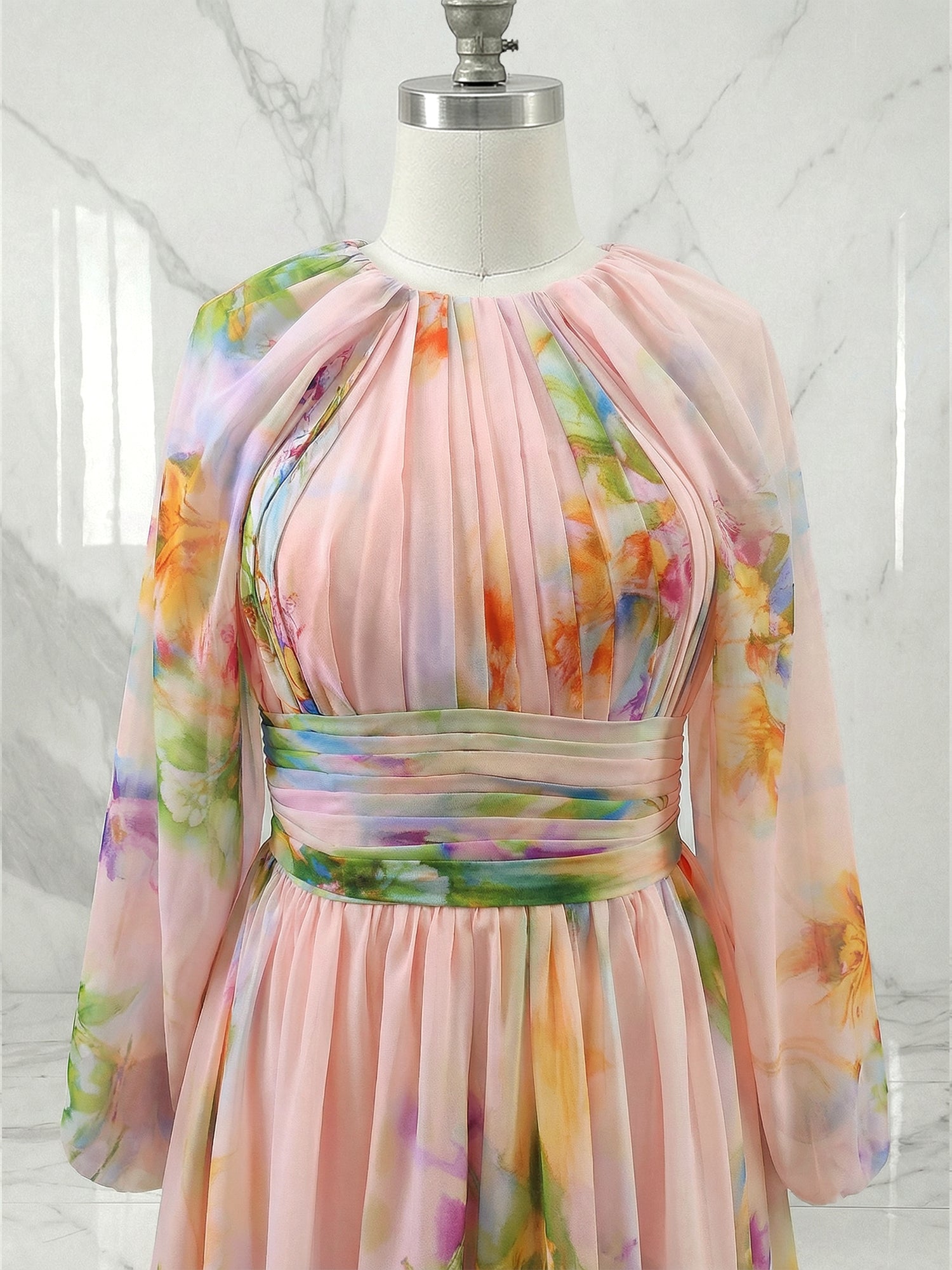 Pink Floral A Line Ruched Chiffon Crew Neck Long Sleeve Puff Sleeve Maxi Dress