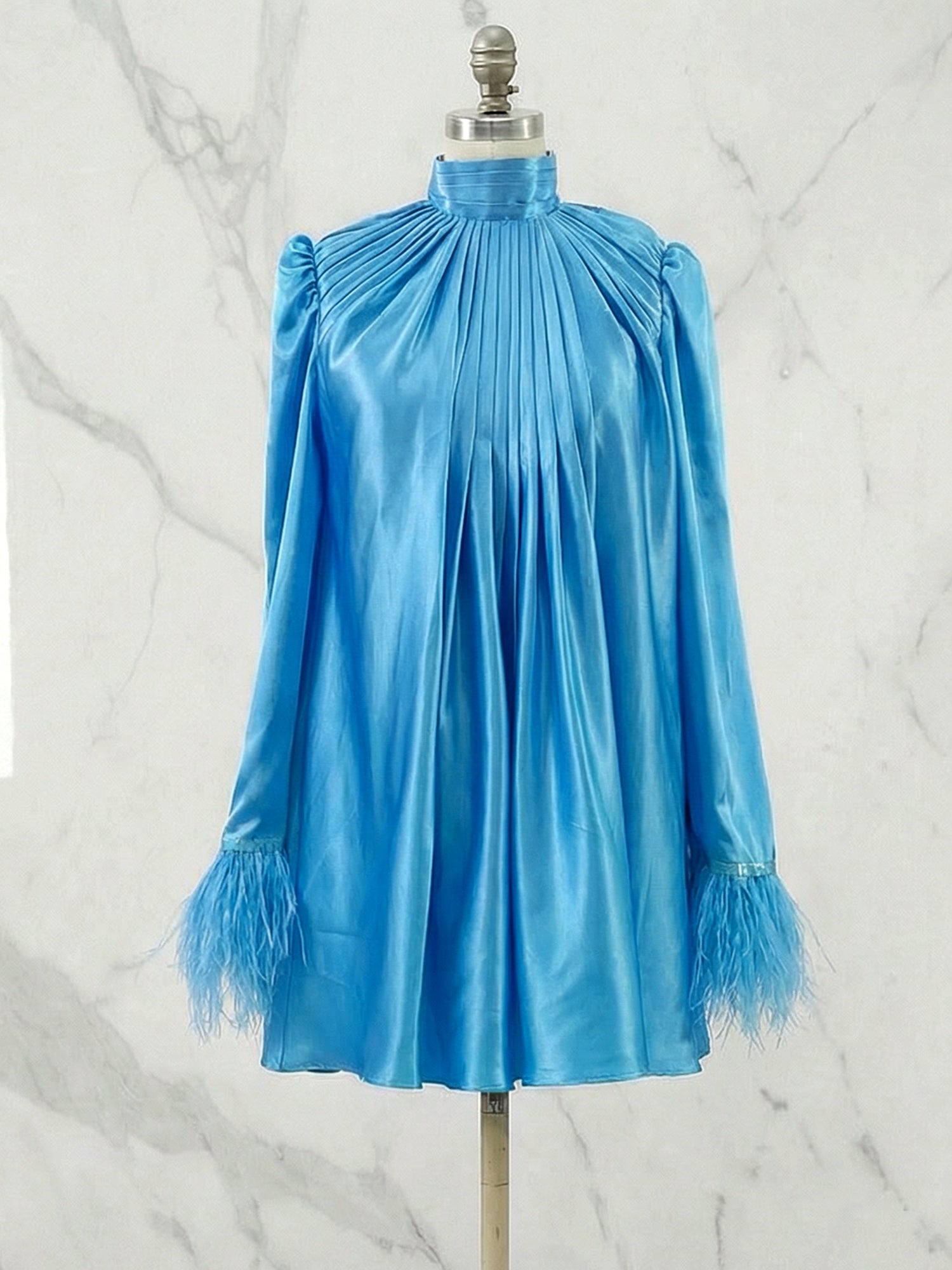Blue Feather Ruched Chiffon Mock Neck Long Sleeve A-Line Mini Dress Gown