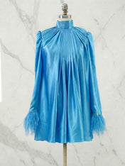 Blue Feather Ruched Chiffon Mock Neck Long Sleeve A-Line Mini Dress Gown