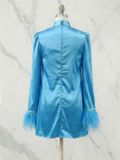 Blue Feather Ruched Chiffon Mock Neck Long Sleeve A-Line Mini Dress Gown
