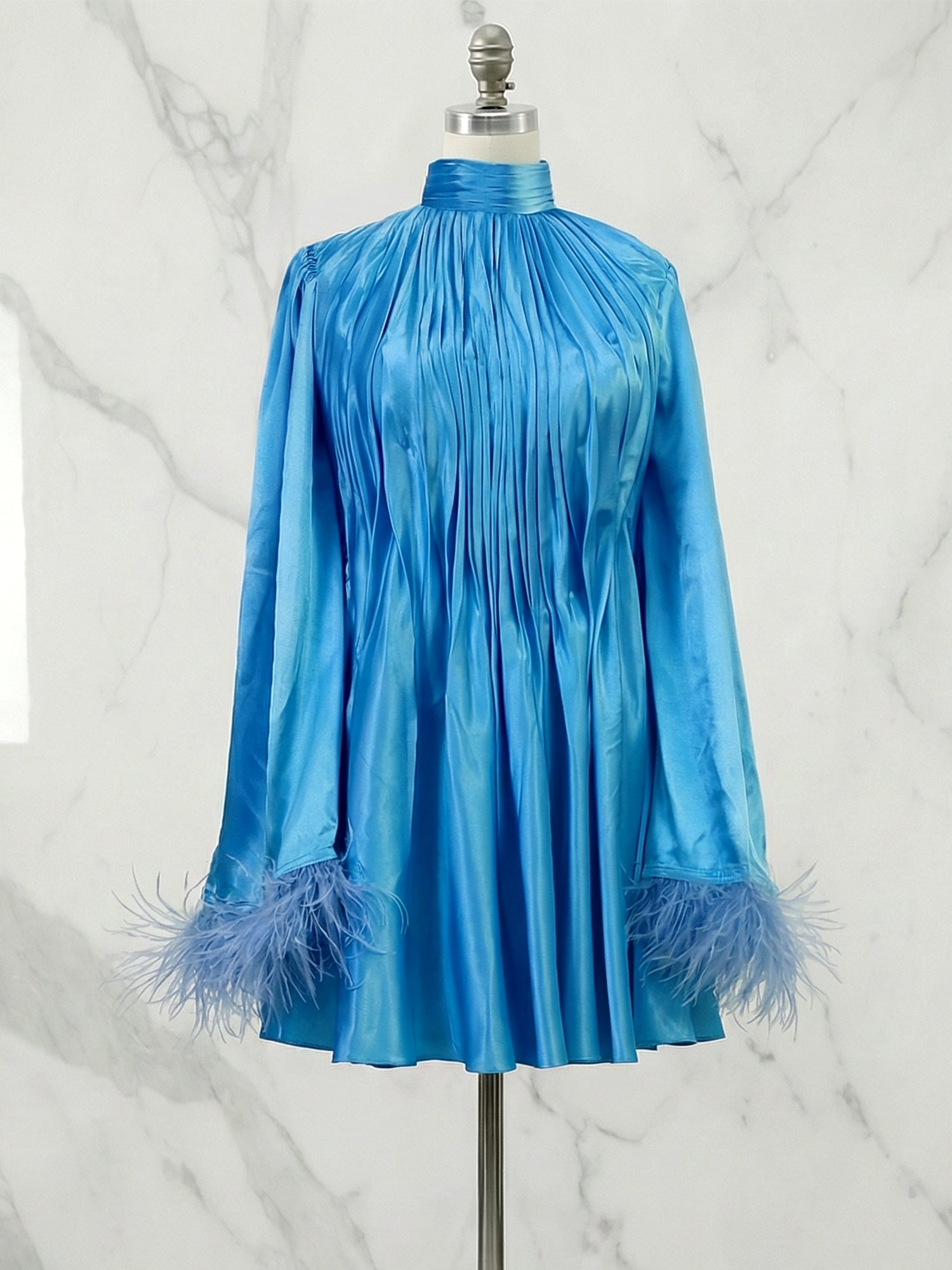 Blue Feather Ruched Chiffon Mock Neck Long Sleeve A-Line Mini Dress Gown
