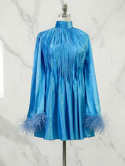 Blue Feather Ruched Chiffon Mock Neck Long Sleeve A-Line Mini Dress Gown