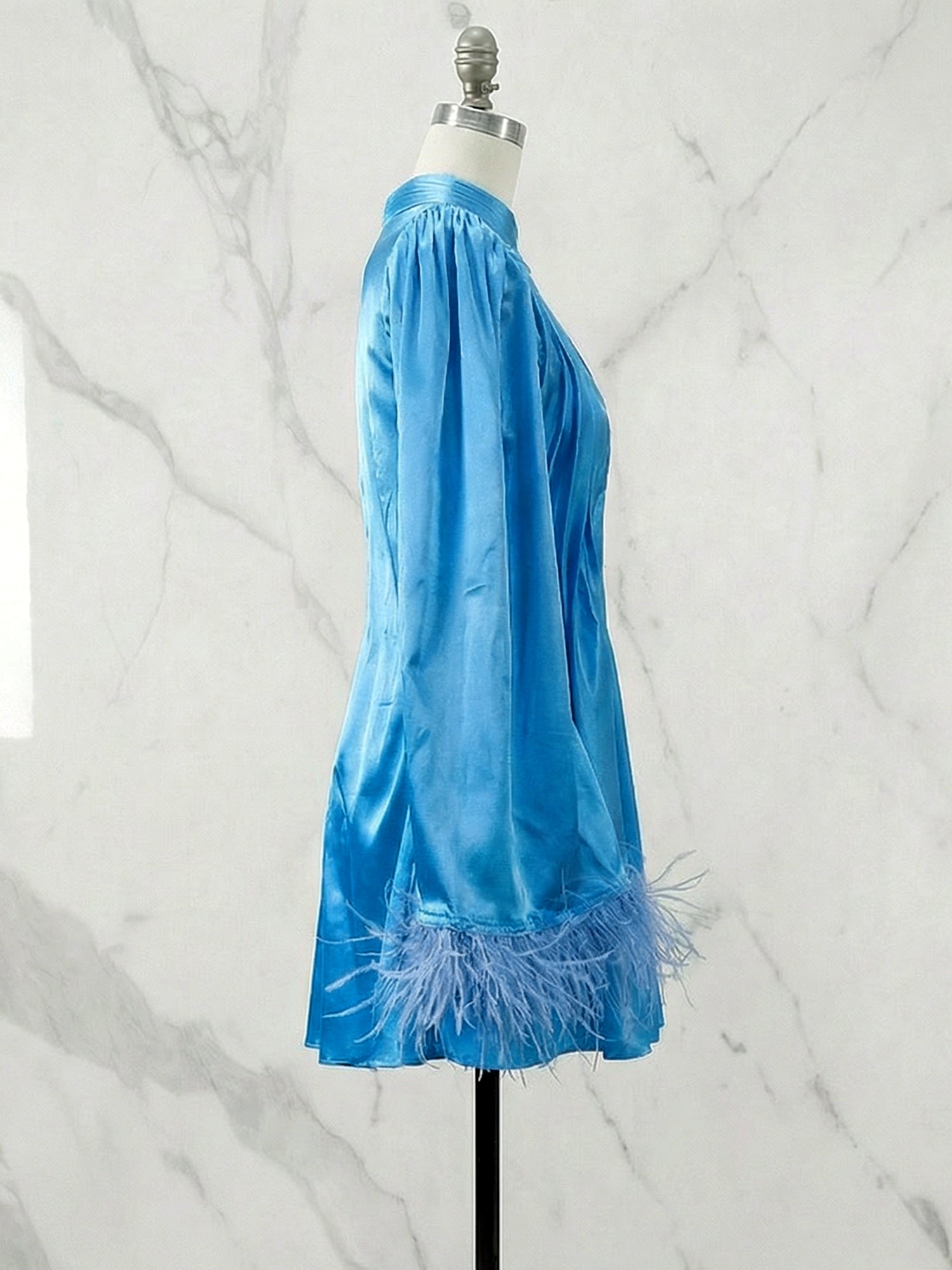 Blue Feather Ruched Chiffon Mock Neck Long Sleeve A-Line Mini Dress Gown