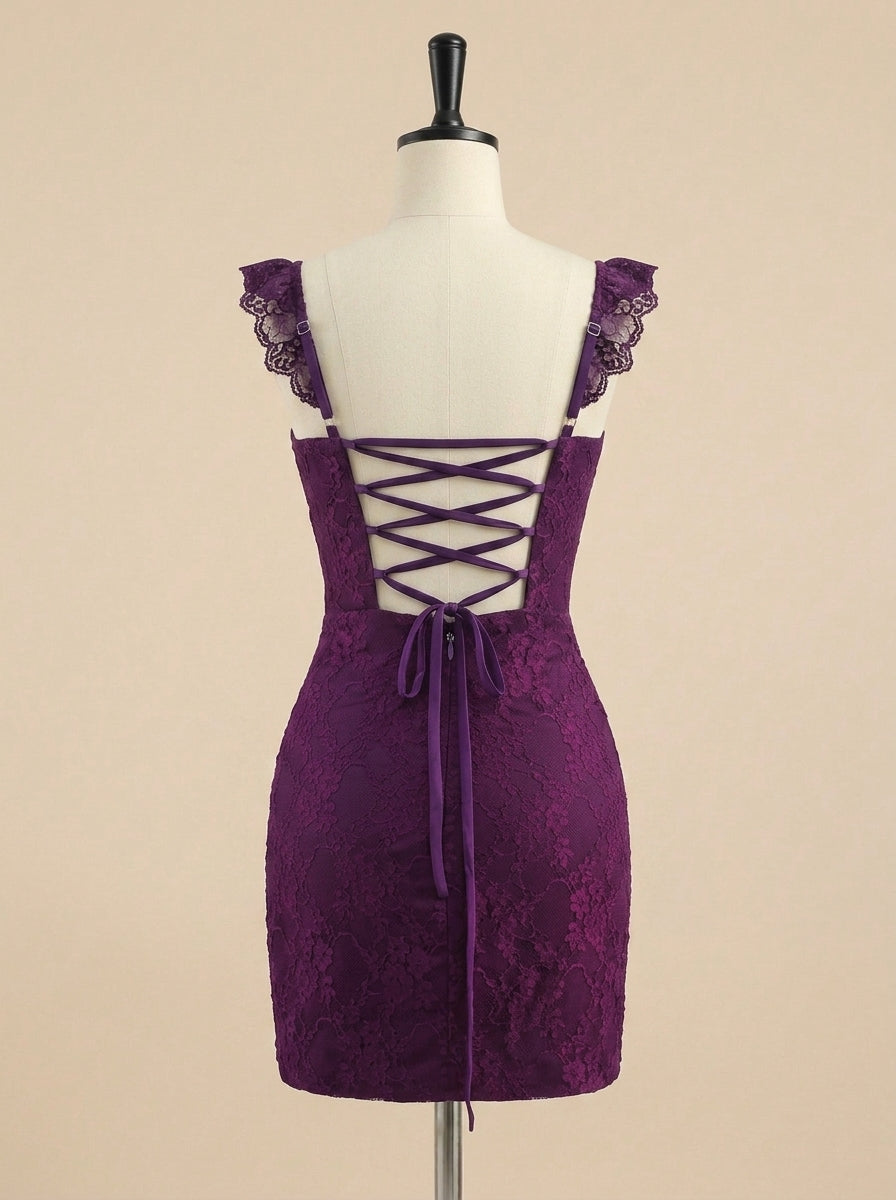 Plum Lace Bodycon Homecoming Dress with Side Slit