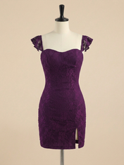 Plum Lace Bodycon Homecoming Dress with Side Slit