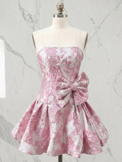 Pink Strapless Pearl-Trimmed Floral Jacquard Short Homecoming Dresses with Side Bow