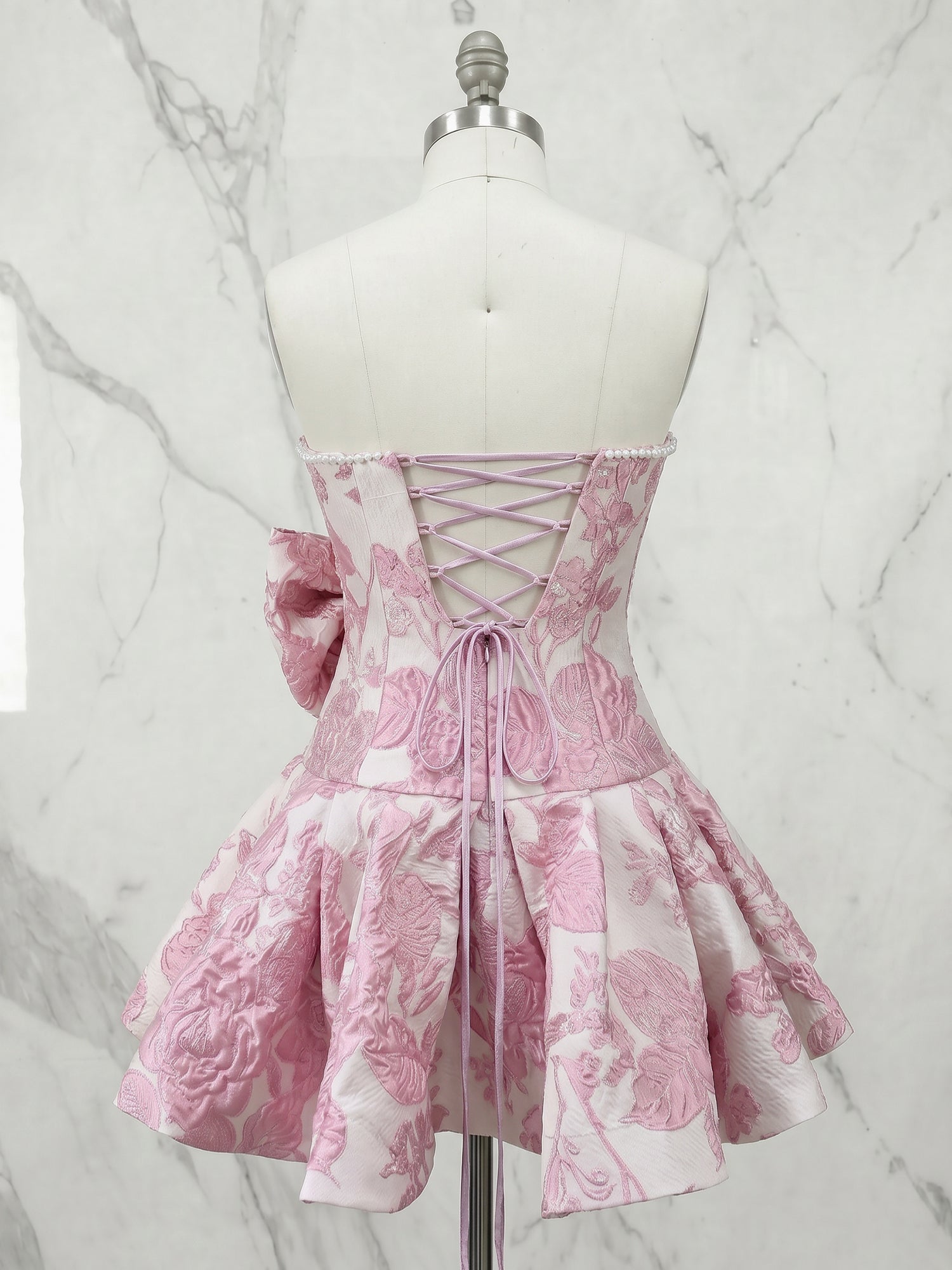 Pink Strapless Pearl-Trimmed Floral Jacquard Short Homecoming Dresses with Side Bow