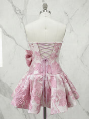 Pink Strapless Pearl-Trimmed Floral Jacquard Short Homecoming Dresses with Side Bow