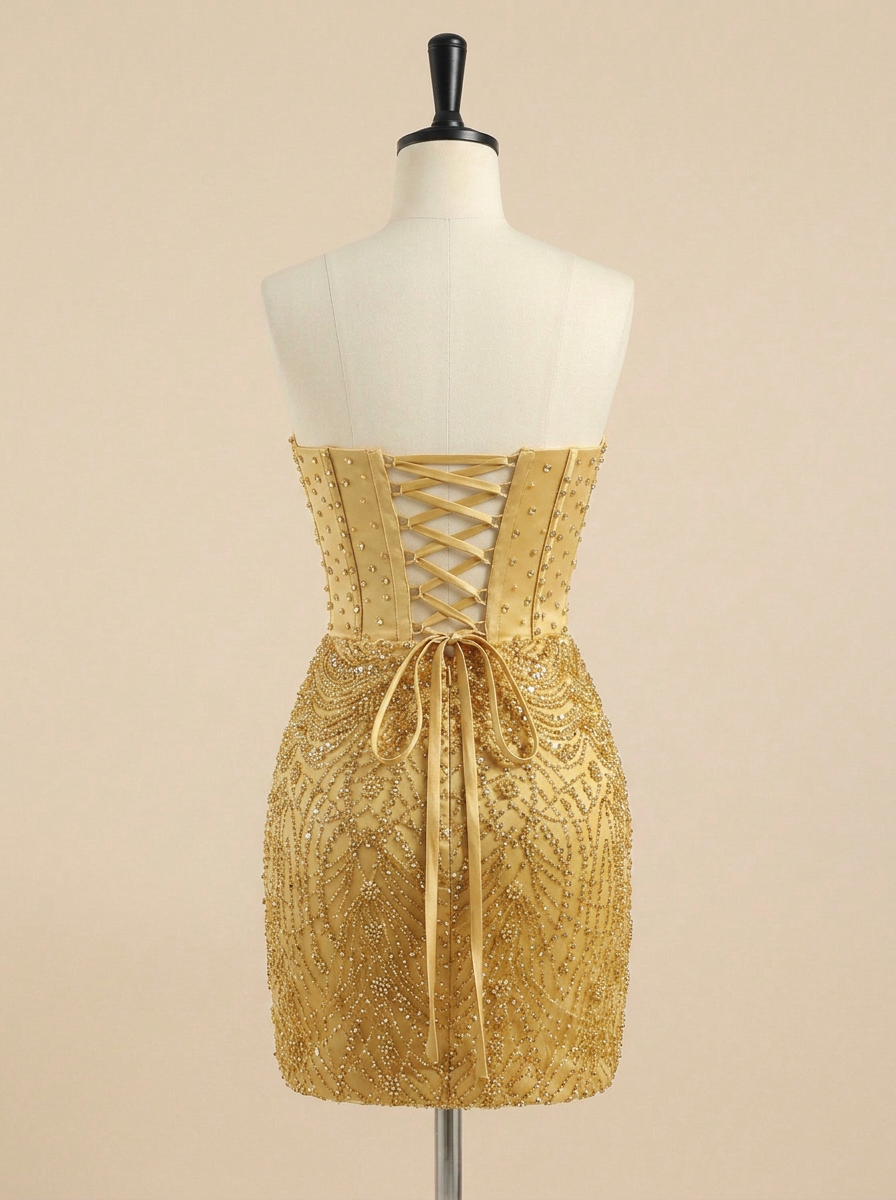 Gold Strapless Beaded Sheer Corset Short Homecoming Dress with Slit