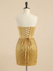 Gold Strapless Beaded Sheer Corset Short Homecoming Dress with Slit