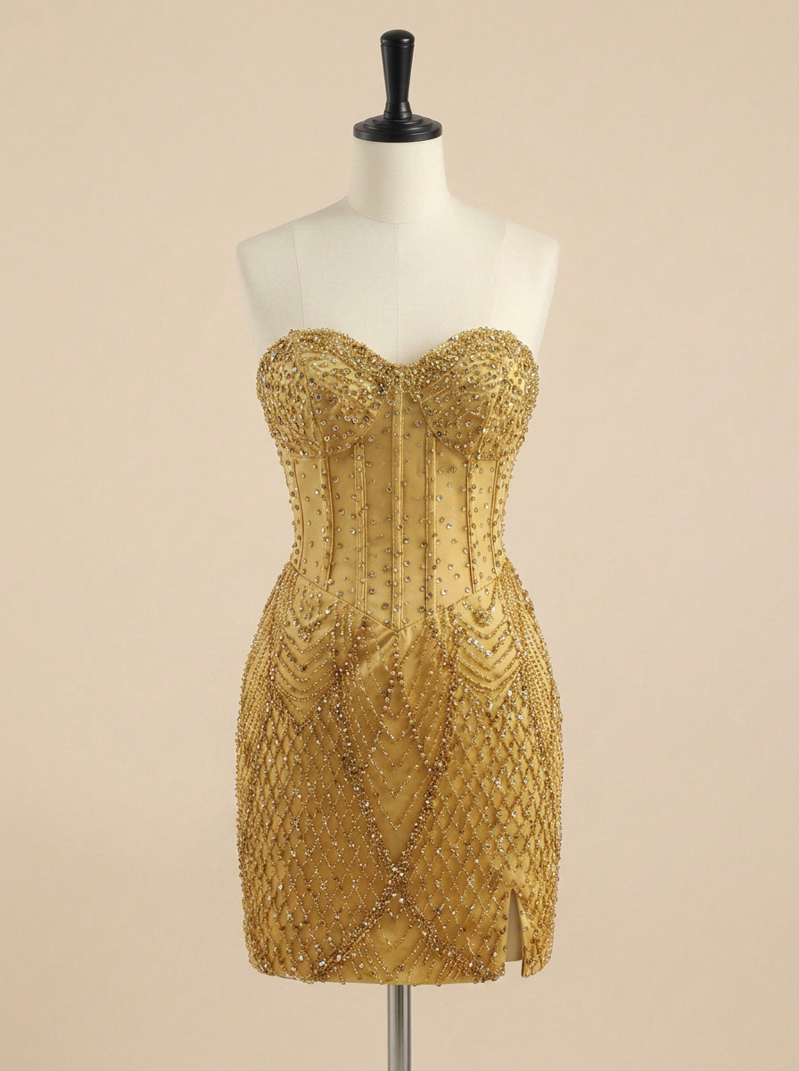Strapless Beaded Sheer Corset Mini Homecoming Dress with Slit
