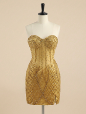 Gold Strapless Beaded Sheer Corset Short Homecoming Dress with Slit