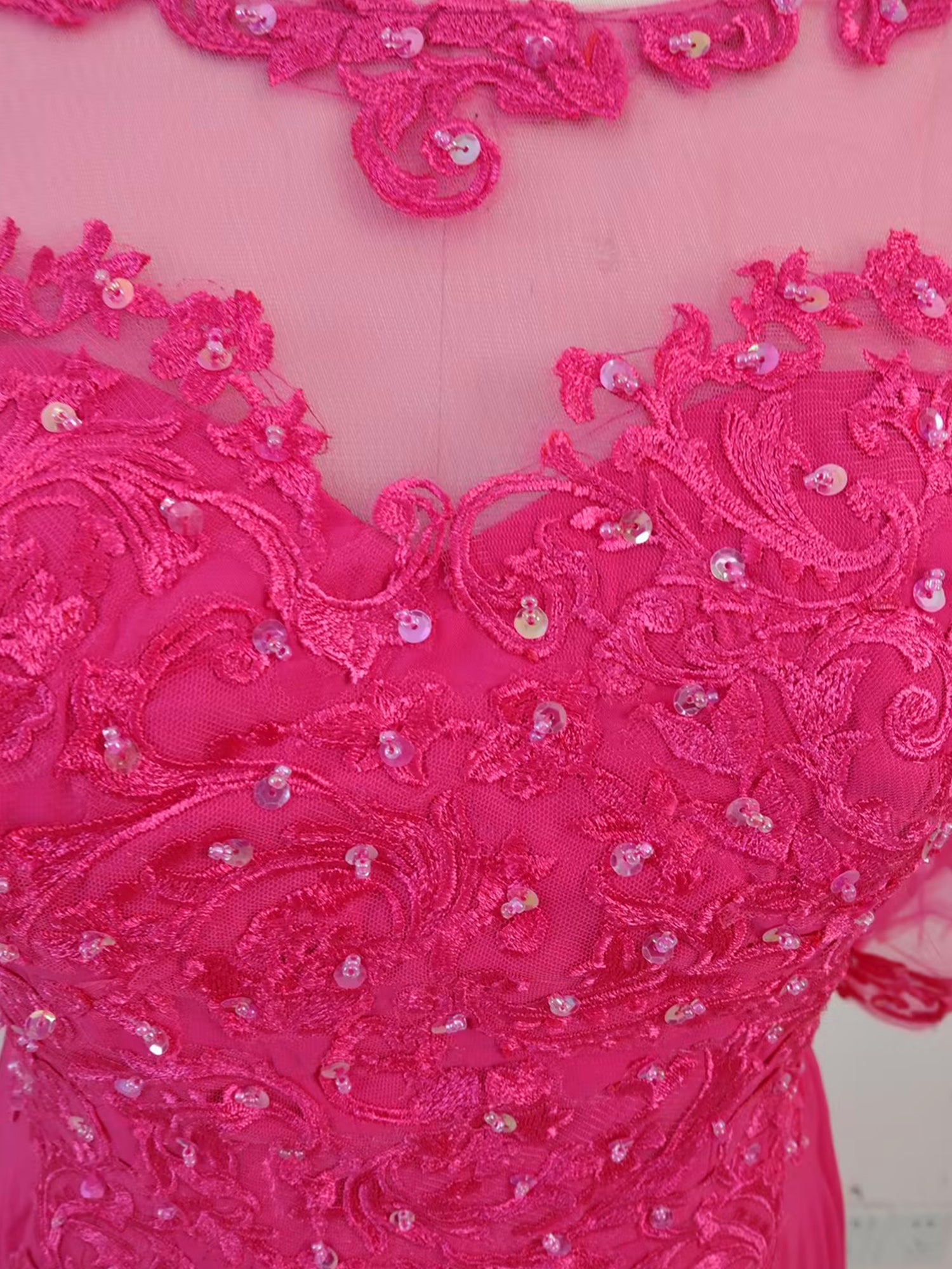 A-line Scoop Illusion Tea-Length Chiffon Lace Mother of the Bride Dress With Beading Sequins