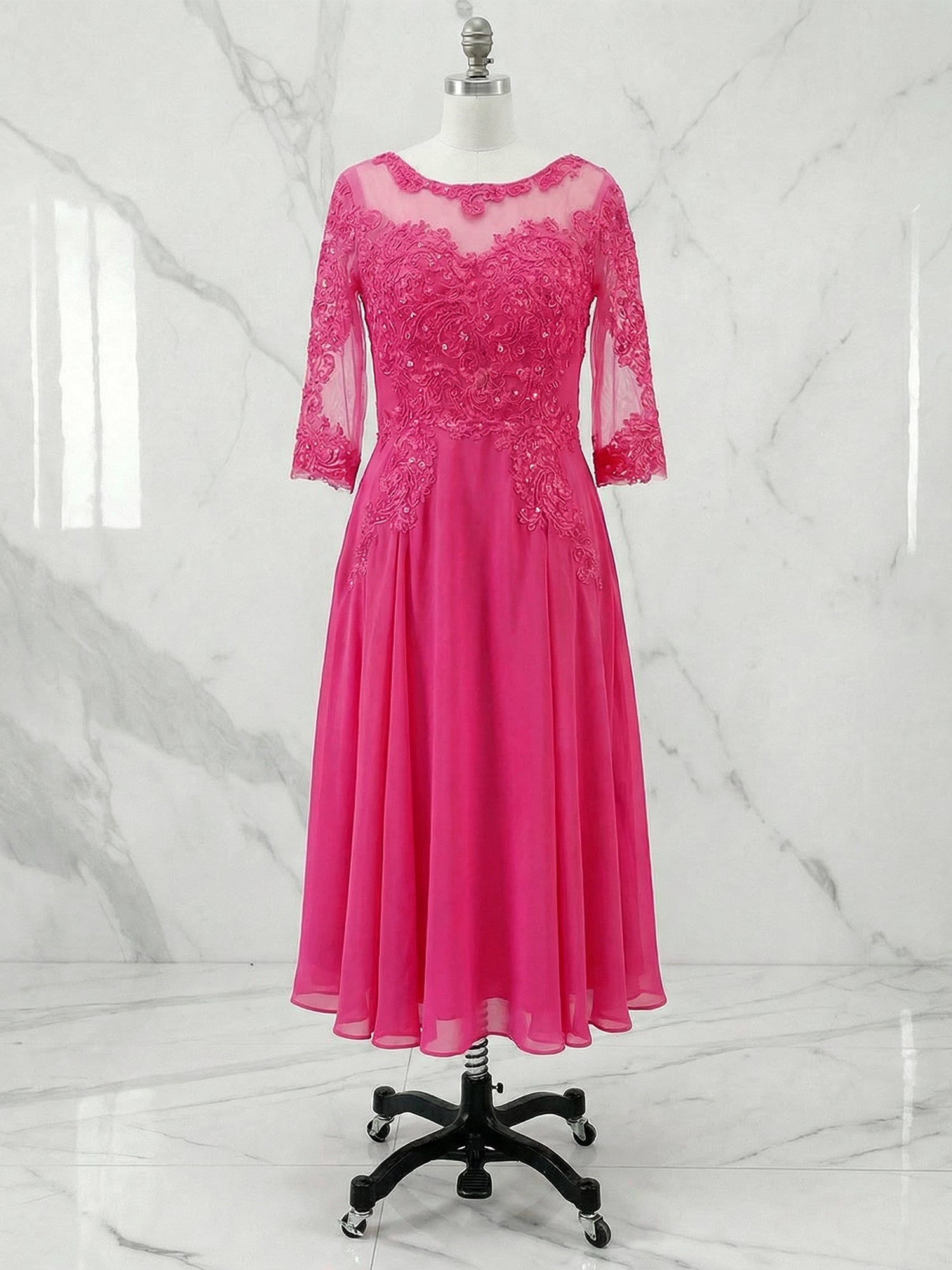 A-line Scoop Illusion Tea-Length Chiffon Lace Mother of the Bride Dress With Beading Sequins