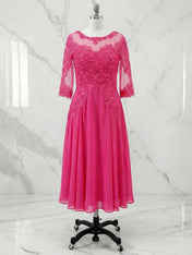 A-line Scoop Illusion Tea-Length Chiffon Lace Mother of the Bride Dress With Beading Sequins