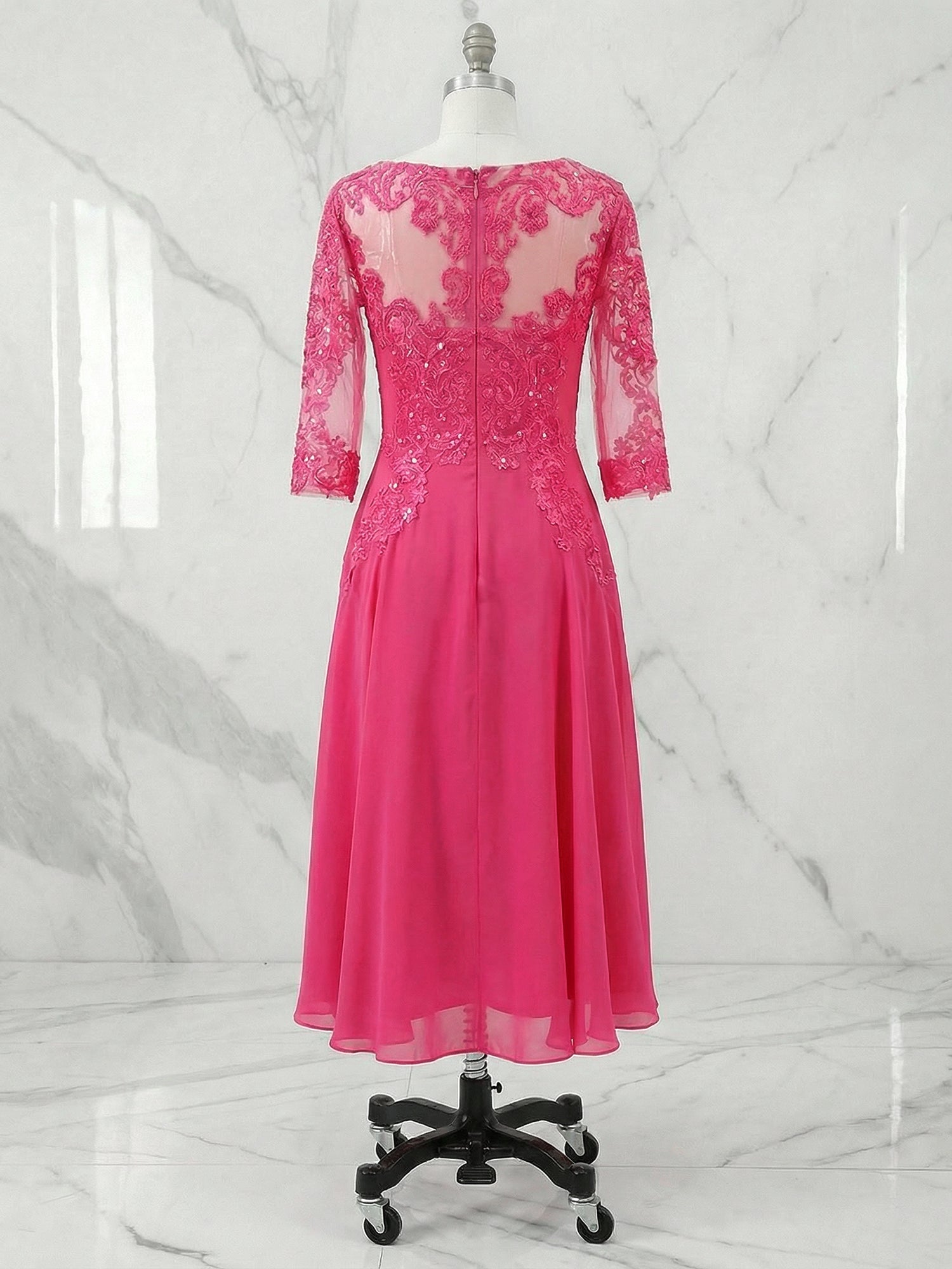 A-line Scoop Illusion Tea-Length Chiffon Lace Mother of the Bride Dress With Beading Sequins