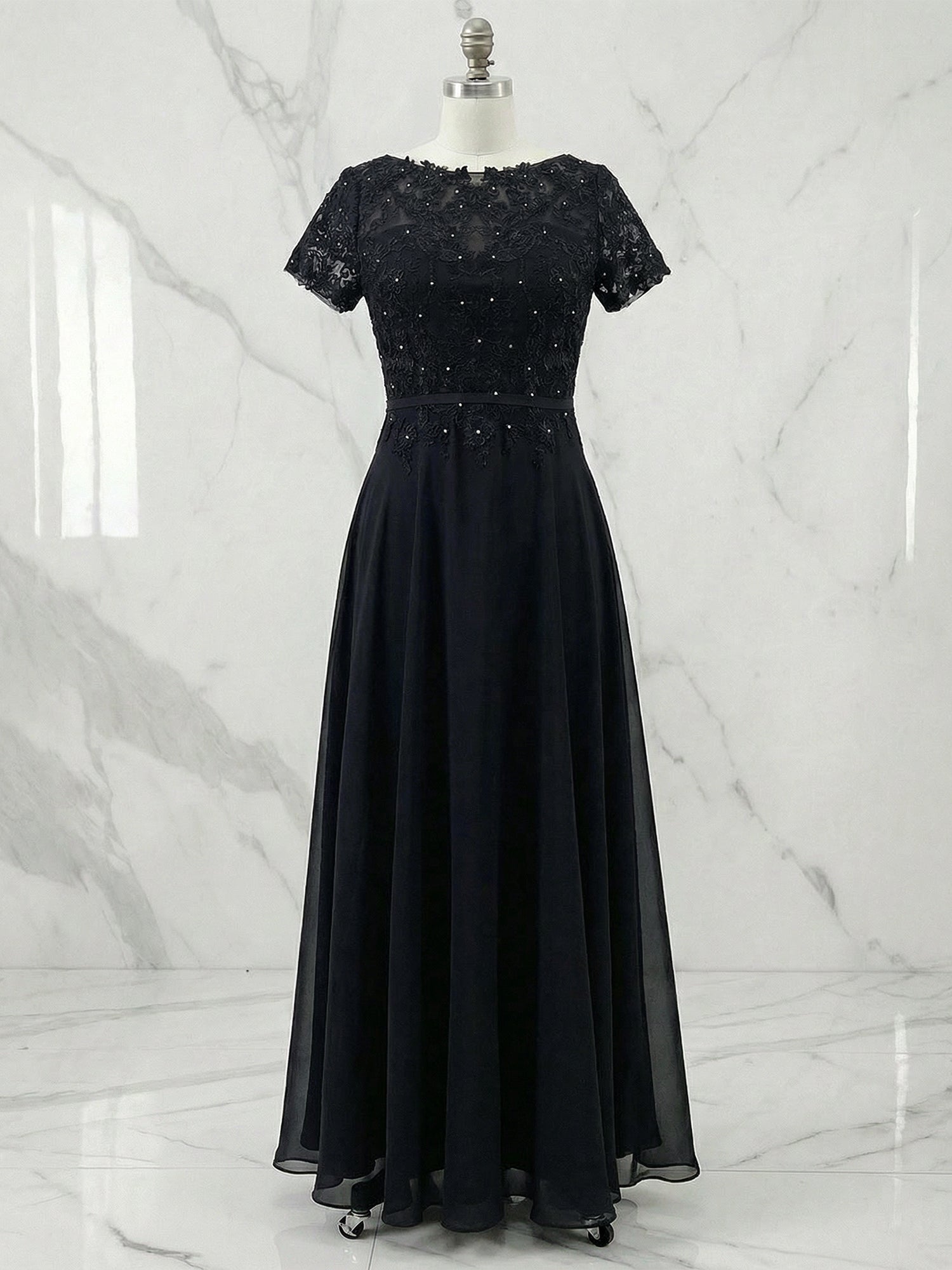 Dark Navy A-Line Boatneck Sequins Chiffon Dress