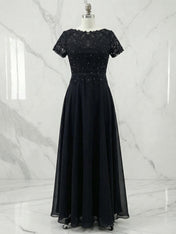 Dark Navy A-Line Boatneck Sequins Chiffon Dress