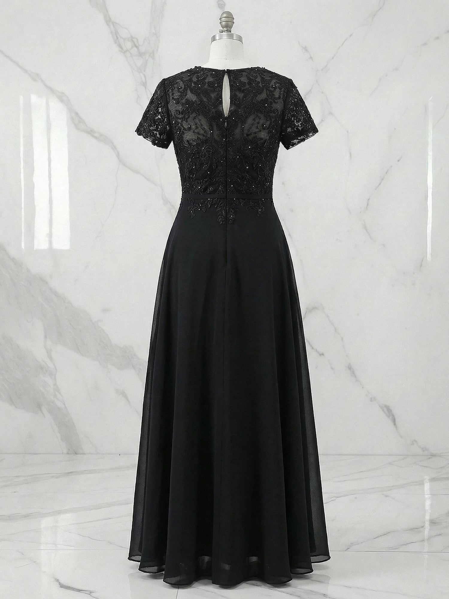 Dark Navy A-Line Boatneck Sequins Chiffon Dress