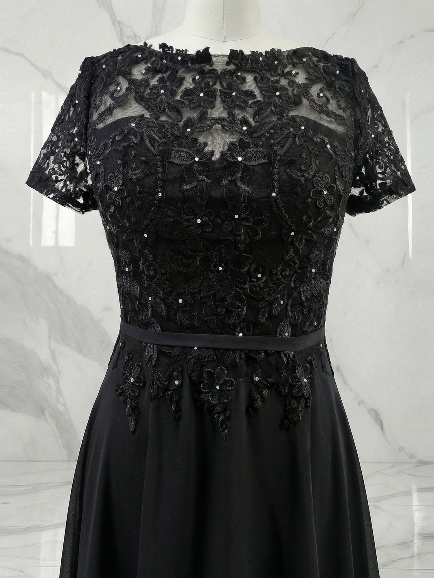 Dark Navy A-Line Boatneck Sequins Chiffon Dress