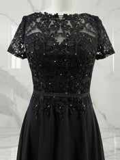 Dark Navy A-Line Boatneck Sequins Chiffon Dress