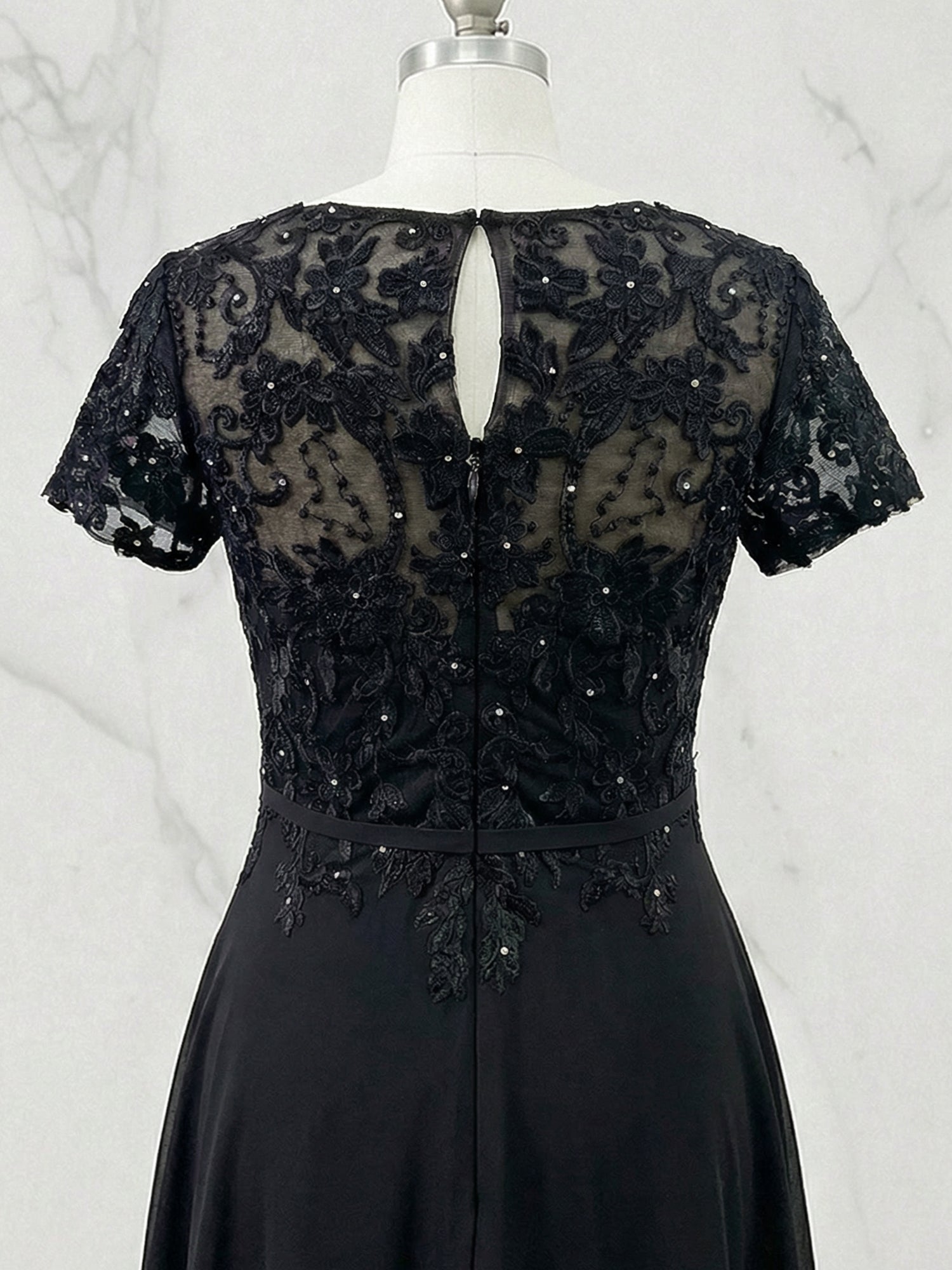 Dark Navy A-Line Boatneck Sequins Chiffon Dress