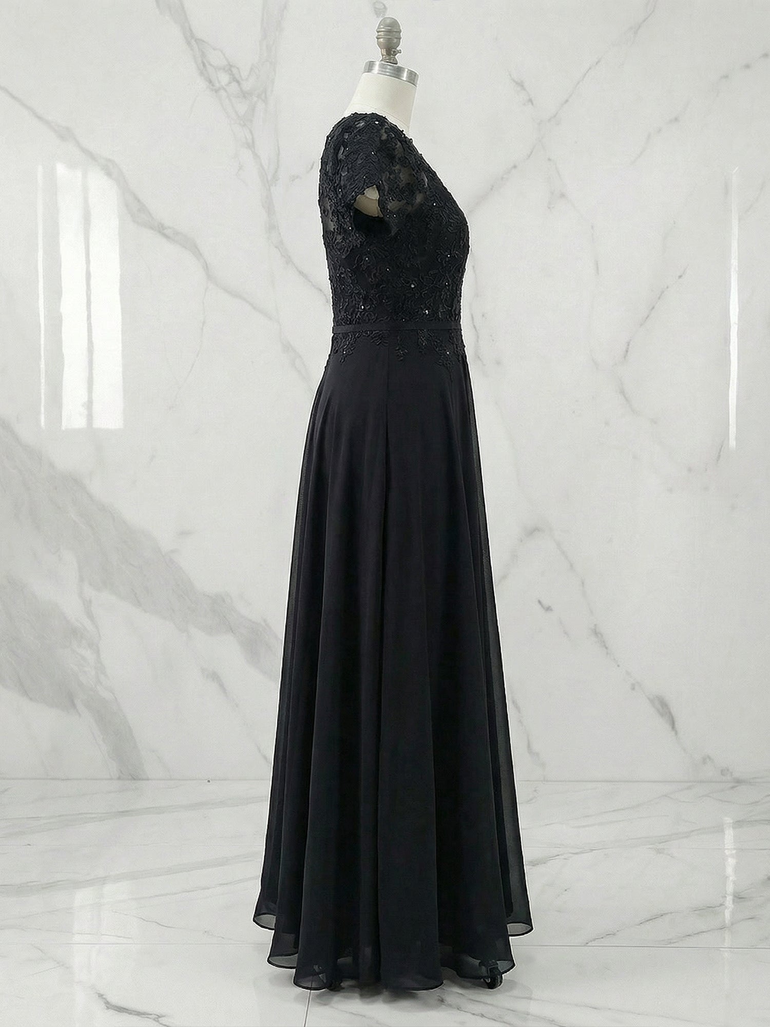 Dark Navy A-Line Boatneck Sequins Chiffon Dress