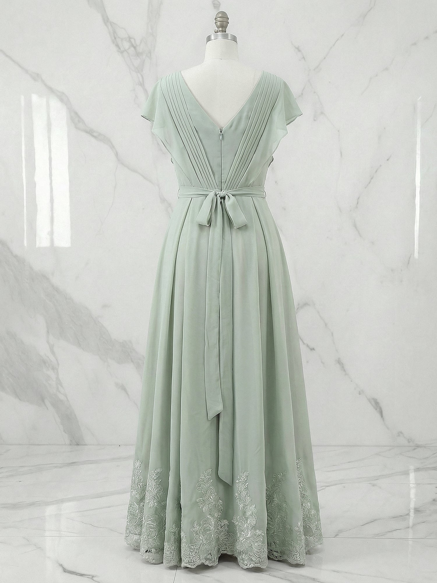 A Line V Neck Flutter Sleeve Ankle Length Chiffon Dress With Appliques