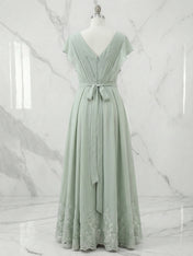 A Line V Neck Flutter Sleeve Ankle Length Chiffon Dress With Appliques