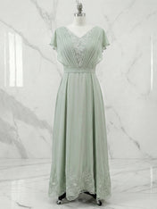 A Line V Neck Flutter Sleeve Ankle Length Chiffon Dress With Appliques