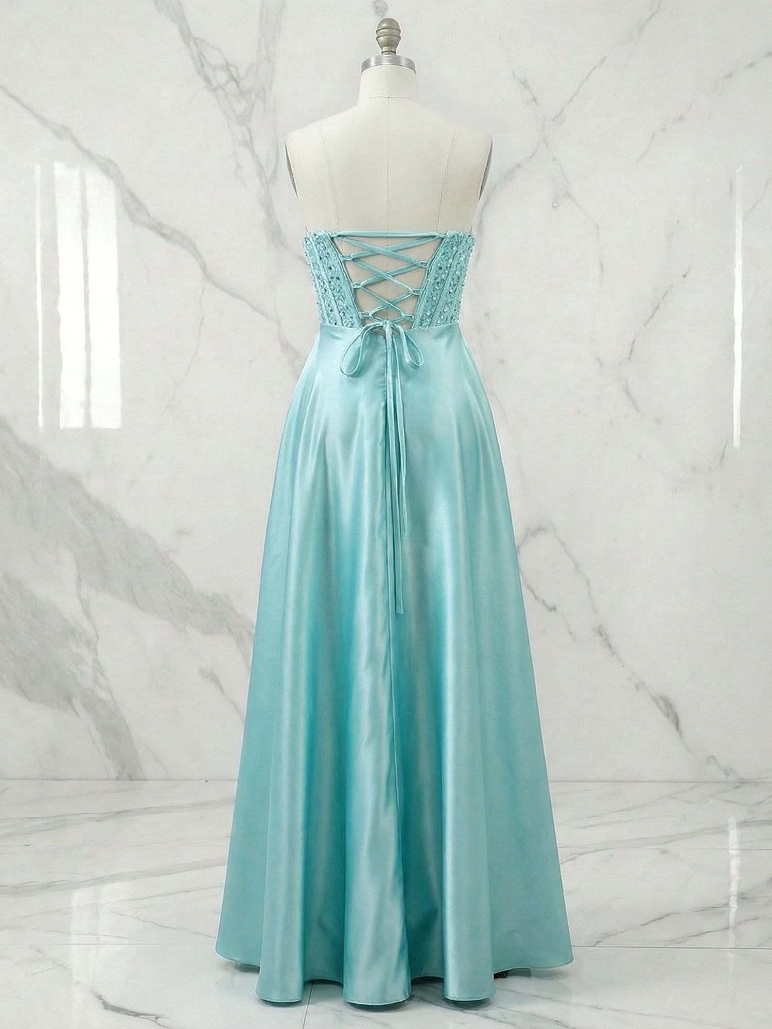 Champagne Gold Strapless Beaded Corset Satin A-Line Prom Dress