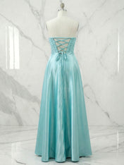 Champagne Gold Strapless Beaded Corset Satin A-Line Prom Dress
