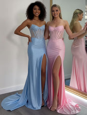 Mermaid Strapless Corset Beaded Prom Dress with Slit