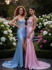 Mermaid Strapless Corset Beaded Prom Dress with Slit