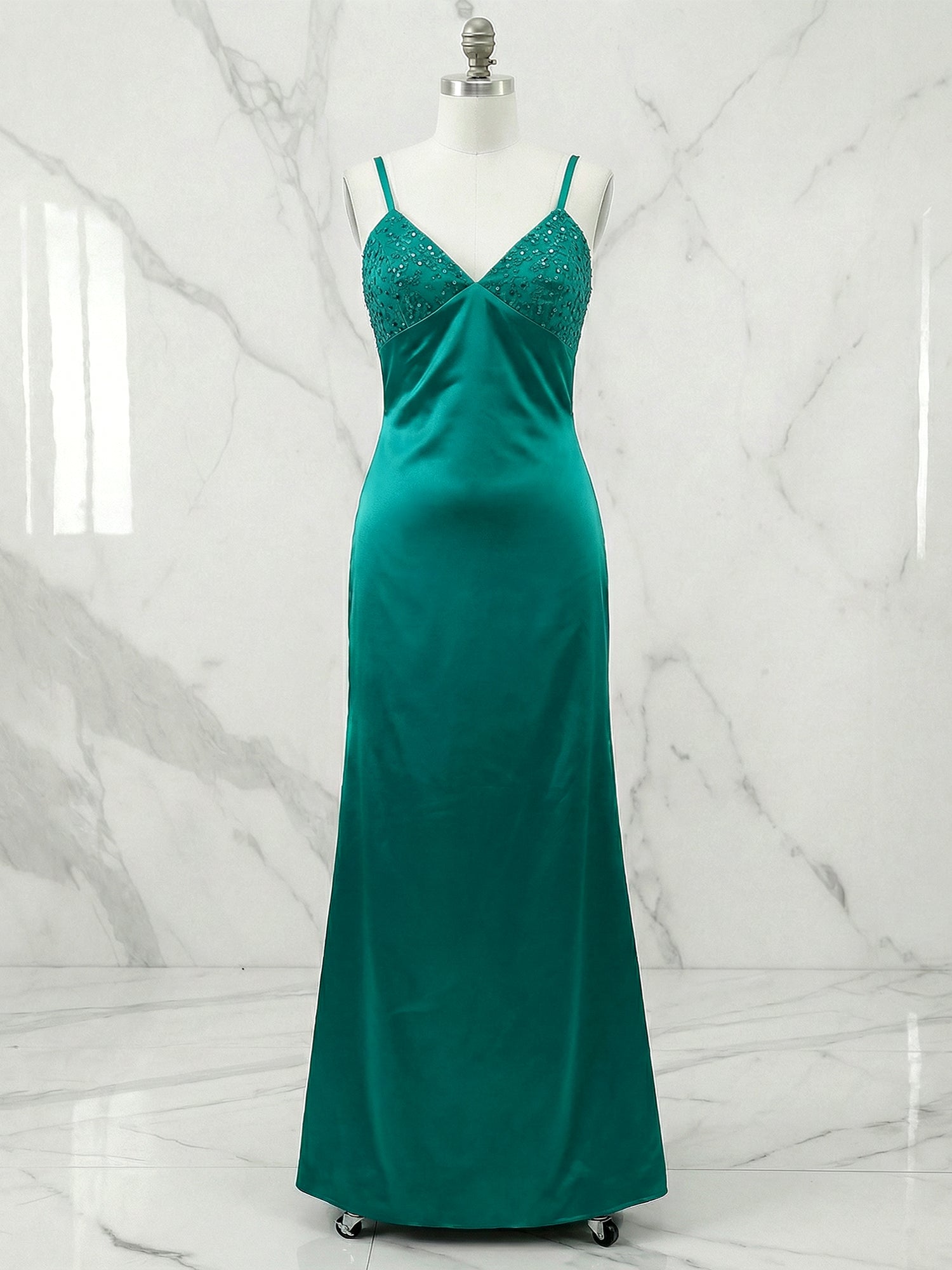 Blue V Neck Beaded Bodice Satin A-Line Long Prom Dress