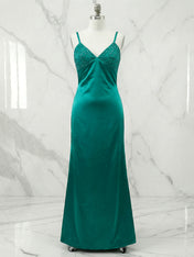 Blue V Neck Beaded Bodice Satin A-Line Long Prom Dress
