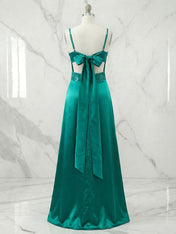 Blue V Neck Beaded Bodice Satin A-Line Long Prom Dress