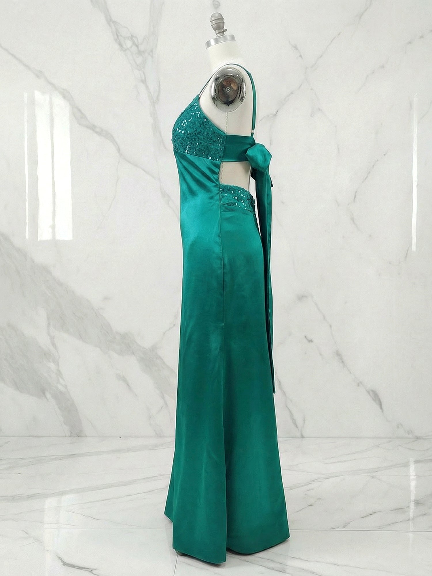 Blue V Neck Beaded Bodice Satin A-Line Long Prom Dress