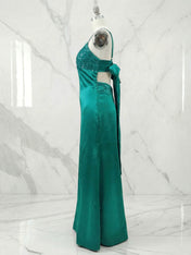 Blue V Neck Beaded Bodice Satin A-Line Long Prom Dress