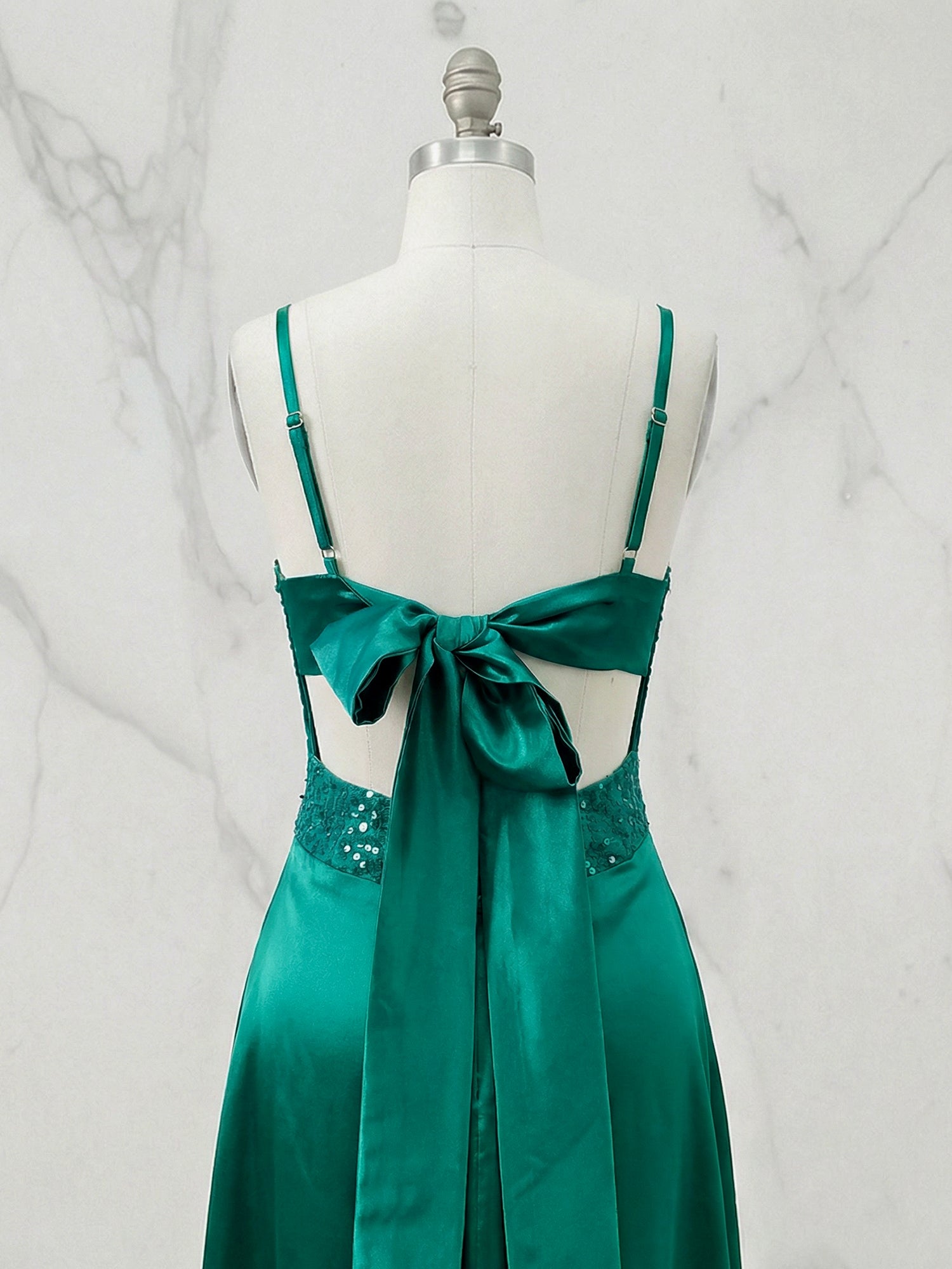 Blue V Neck Beaded Bodice Satin A-Line Long Prom Dress