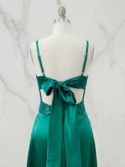 Blue V Neck Beaded Bodice Satin A-Line Long Prom Dress