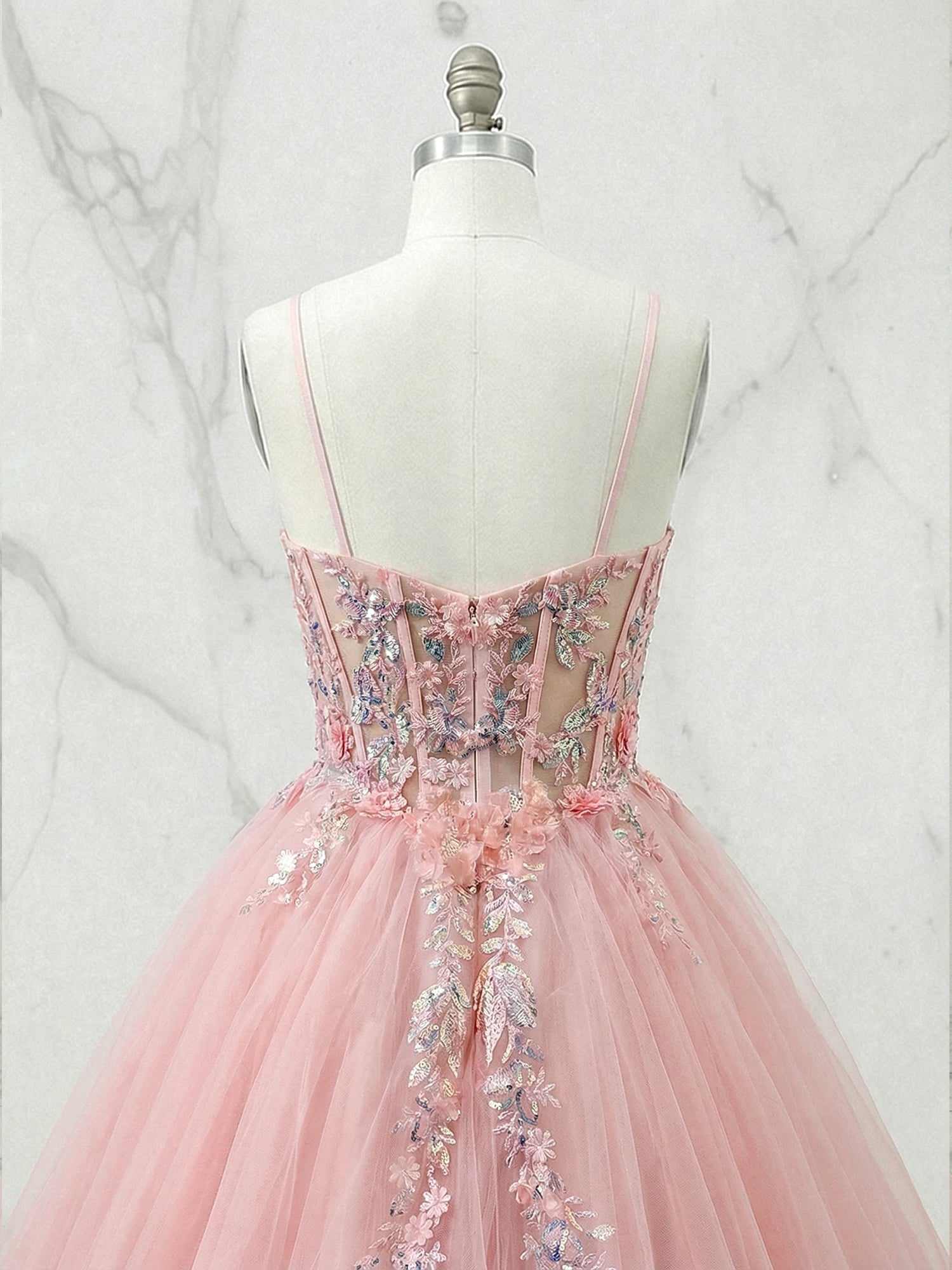 Pink Floral Embroidered Sheer Corset Tiered Tulle Prom Dress
