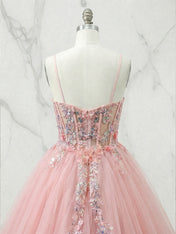 Pink Floral Embroidered Sheer Corset Tiered Tulle Prom Dress