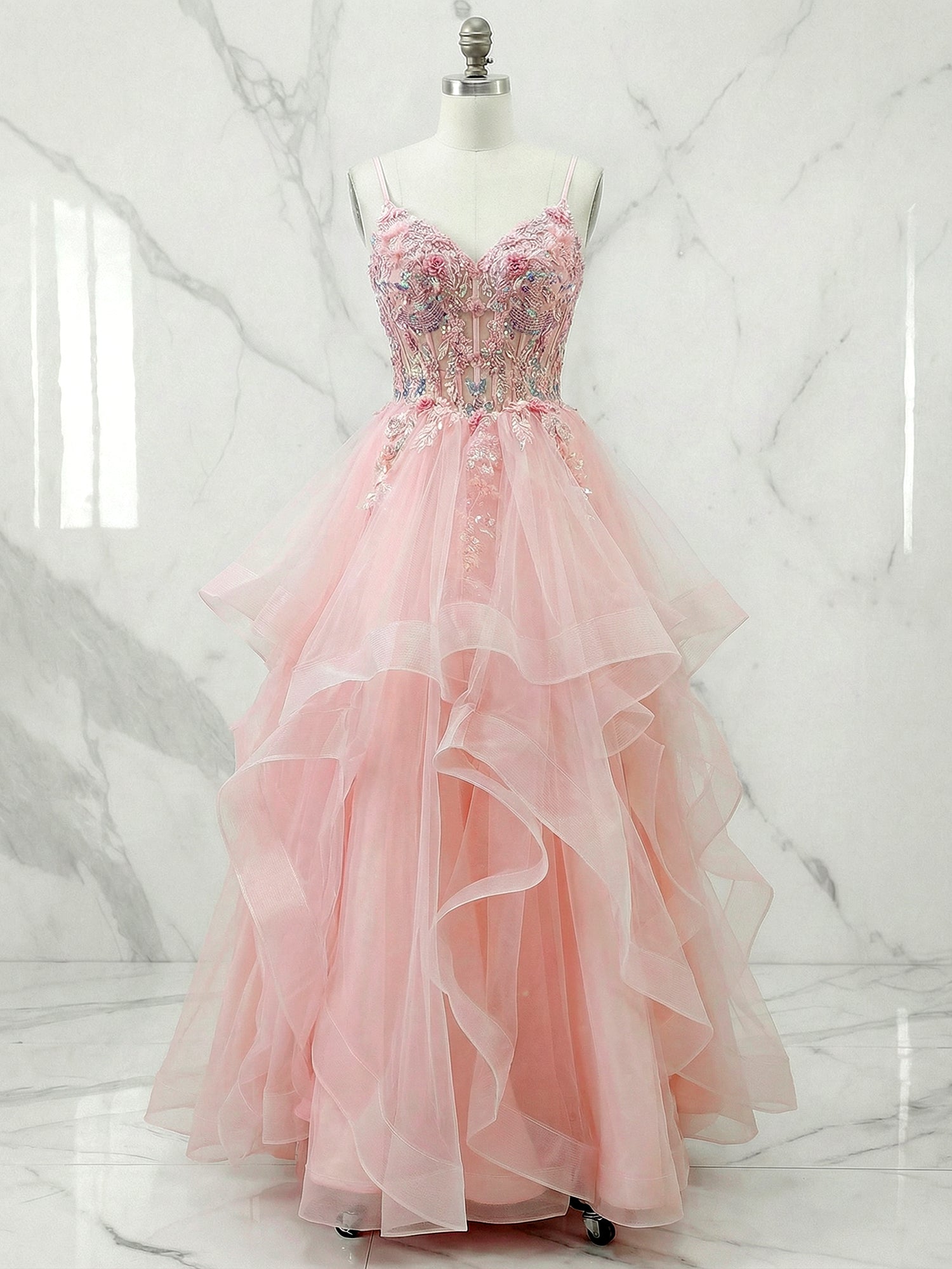 Pink Floral Embroidered Sheer Corset Tiered Tulle Prom Dress