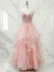 Pink Floral Embroidered Sheer Corset Tiered Tulle Prom Dress