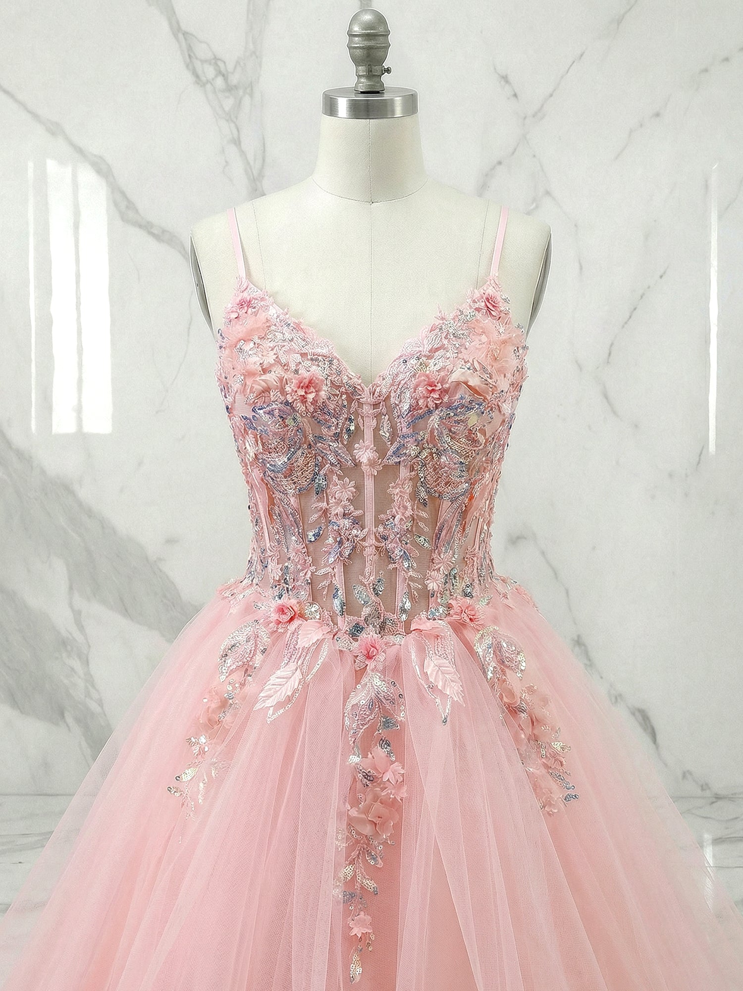Pink Floral Embroidered Sheer Corset Tiered Tulle Prom Dress