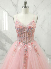 Pink Floral Embroidered Sheer Corset Tiered Tulle Prom Dress